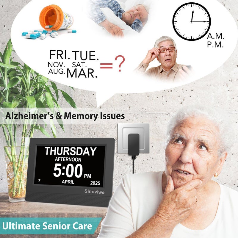 Sinoviwe Digital Alarm Clock 7" HD Large Screen Digital Calendar with Auto-Dimming, Clear Day/Date Display for Alzheimer's Dementia Seniors & Low Vision with Remote Control and Custom Reminder Function(Black) - Image 3
